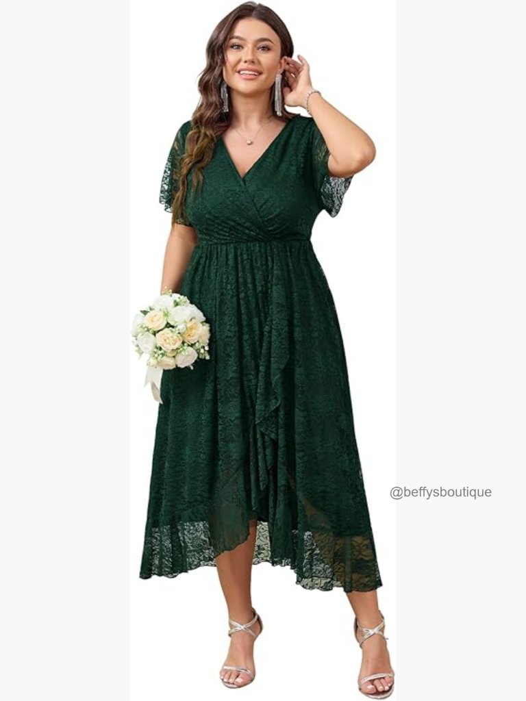 Plus Size Lace Wrap V-Neck High Low Maxi Dress Formal Wedding Guest